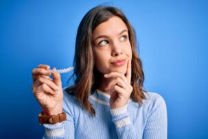 マウスピースを手に持ち矯正期間はどのくらいかかるのか考えている女性