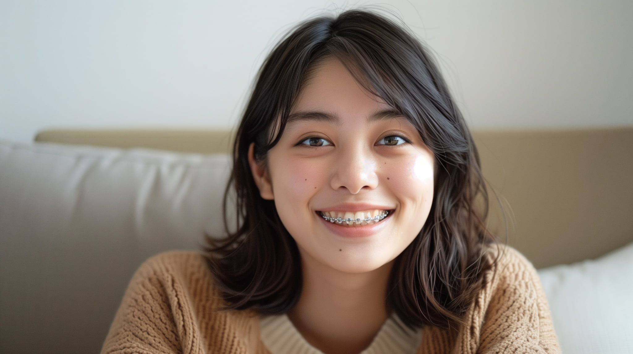ワイヤー矯正をする笑顔の女性